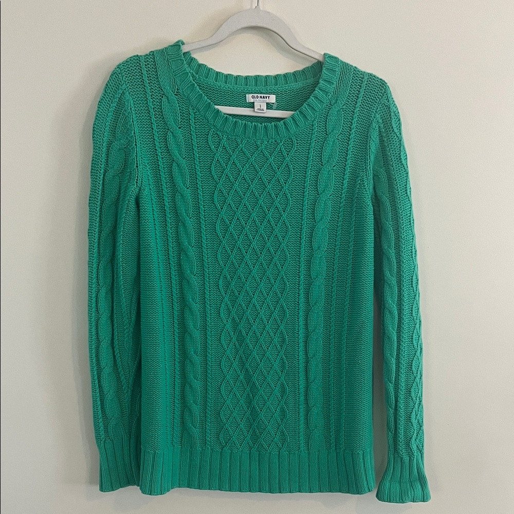 Old Navy‎ Cable Knit Sweater Green L Cotton Blend Fall Fisherman Preppy Casual